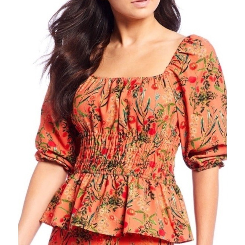Gianni Bini Womens Small Floral Smocked Peplum Top S Orange Cropped